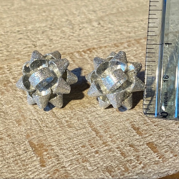 Silver Glitter Metal Christmas Bow Earrings - Picture 3 of 3